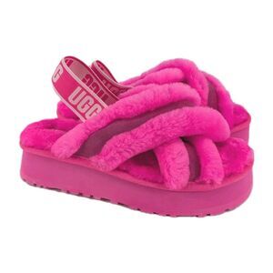 UGG Disco Cross Slide Sandal 8 Taffy Pink Women's Fuzzy Slingback Platform